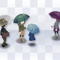 雨の中を歩く街の人々　青